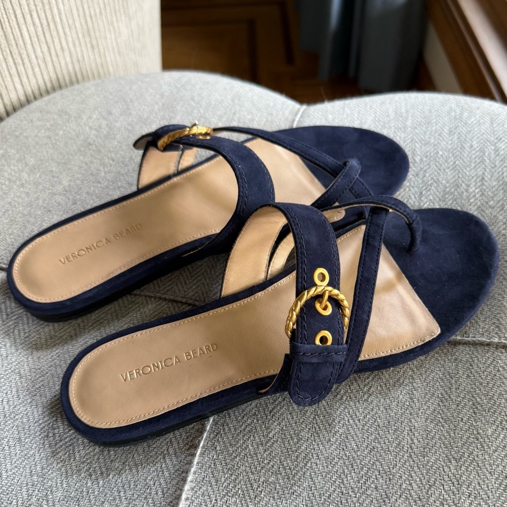Veronica Beard Blue and Gold Sandals with Bow Detail - Picture 1 of 6